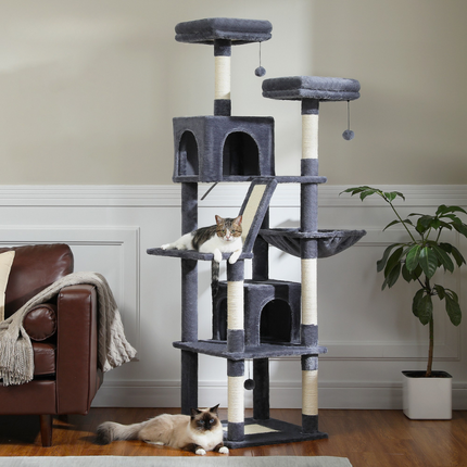 Tour multi-niveaux pour chats avec hamac et jouets suspendus