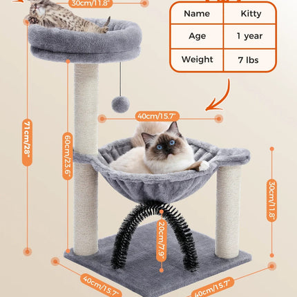 Arbre à Chat 3 Niveaux avec Hamac Vert et Plateforme Fleur Rose