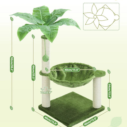 Arbre à Chat 3 Niveaux avec Hamac Vert et Plateforme Fleur Rose