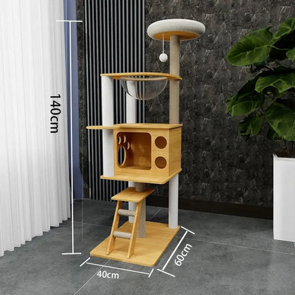 Arbre à chat moderne à plusieurs niveaux avec bols suspendus