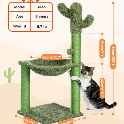 Arbre à Chat 3 Niveaux avec Hamac Vert et Plateforme Fleur Rose