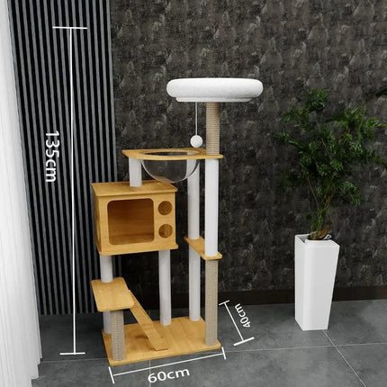 Arbre à chat moderne à plusieurs niveaux avec bols suspendus