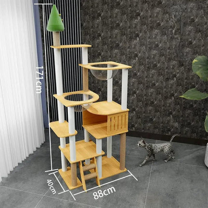 Arbre à chat moderne à plusieurs niveaux avec bols suspendus