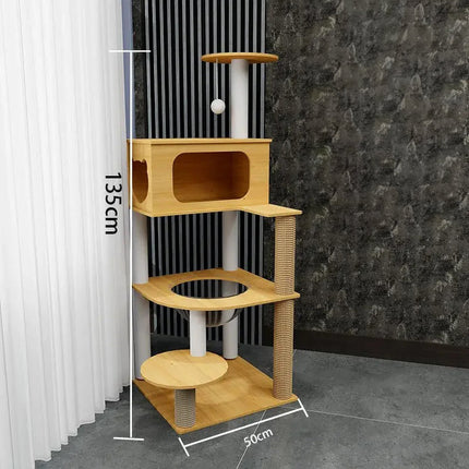 Arbre à chat moderne à plusieurs niveaux avec bols suspendus