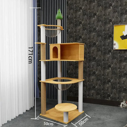 Arbre à chat moderne à plusieurs niveaux avec bols suspendus