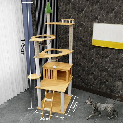 Arbre à chat moderne à plusieurs niveaux avec bols suspendus