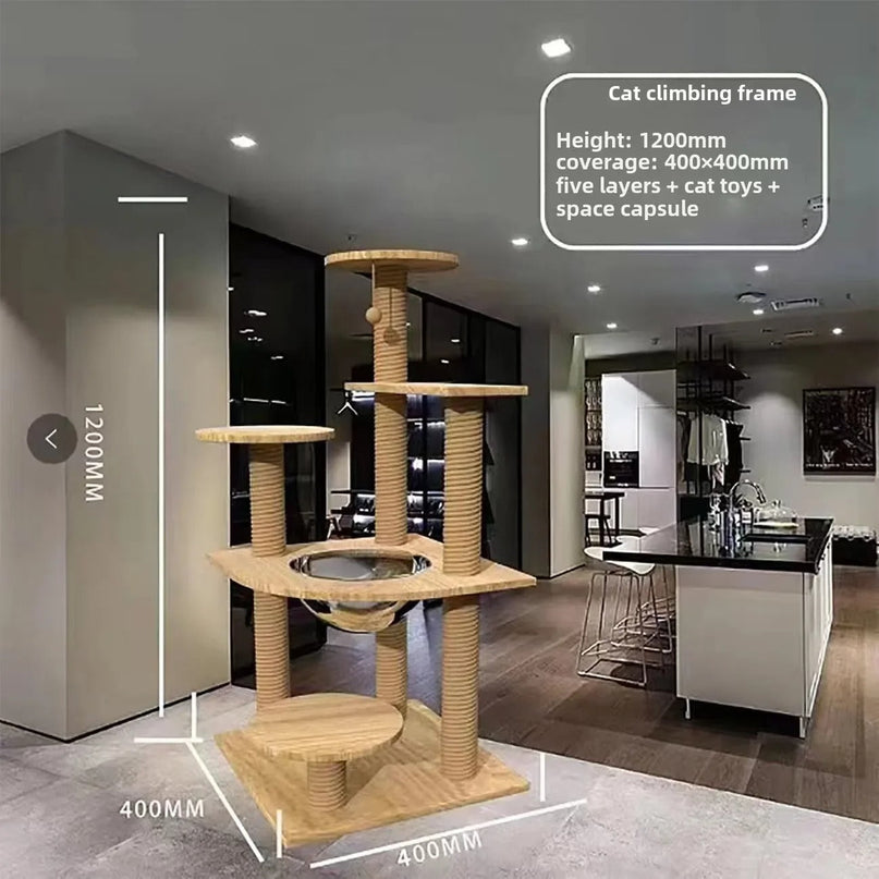 Arbre à chat moderne à plusieurs niveaux avec bols suspendus