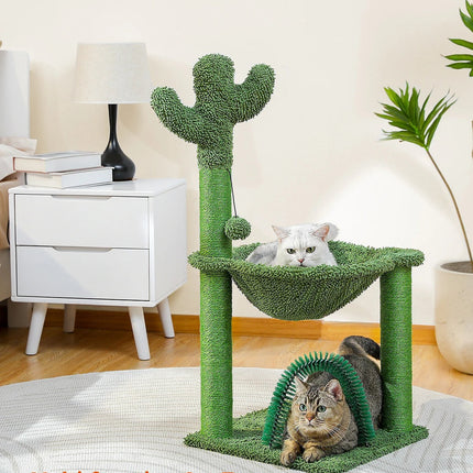 Arbre à Chat 3 Niveaux avec Hamac Vert et Plateforme Fleur Rose