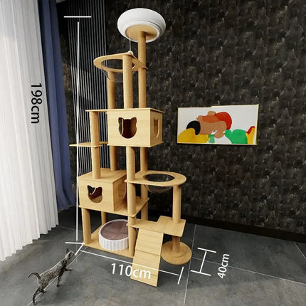 Arbre à chat moderne à plusieurs niveaux avec bols suspendus