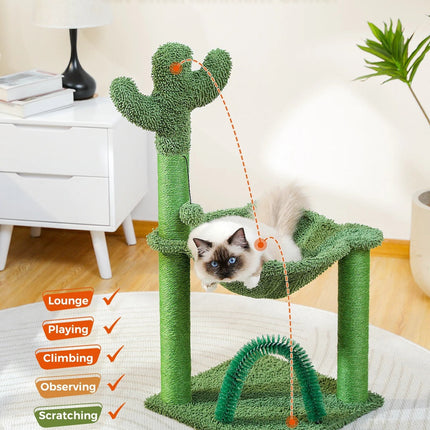 Arbre à Chat 3 Niveaux avec Hamac Vert et Plateforme Fleur Rose