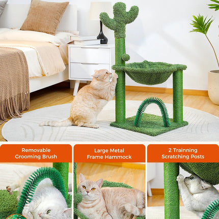 Arbre à Chat 3 Niveaux avec Hamac Vert et Plateforme Fleur Rose