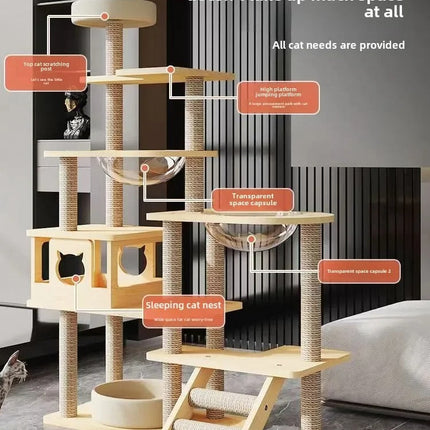 Arbre à chat moderne à plusieurs niveaux avec bols suspendus