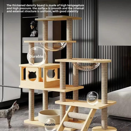 Arbre à chat moderne à plusieurs niveaux avec bols suspendus