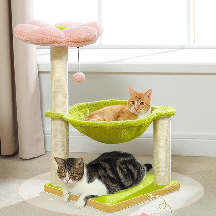 Arbre à Chat 3 Niveaux avec Hamac Vert et Plateforme Fleur Rose