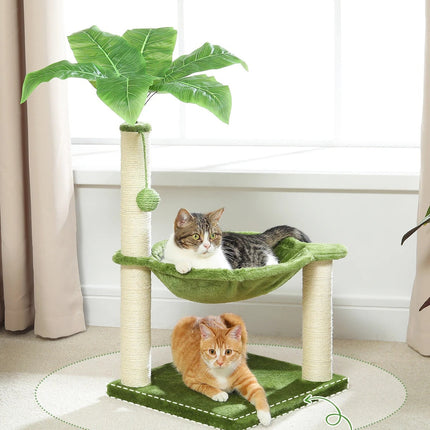 Arbre à Chat 3 Niveaux avec Hamac Vert et Plateforme Fleur Rose