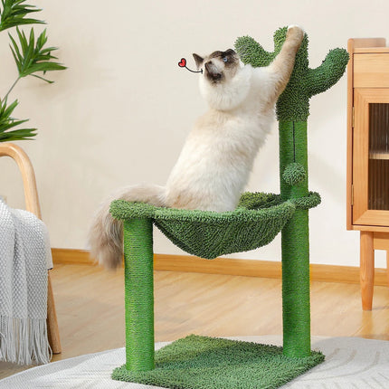 Arbre à Chat 3 Niveaux avec Hamac Vert et Plateforme Fleur Rose