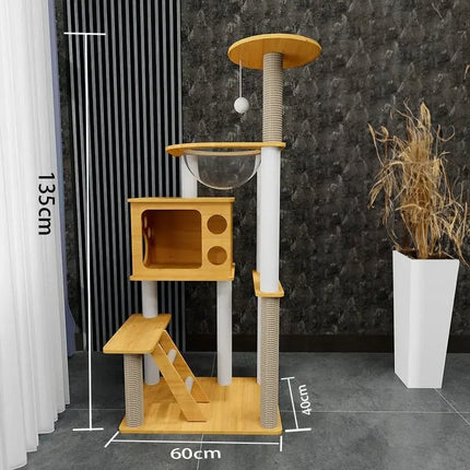 Arbre à chat moderne à plusieurs niveaux avec bols suspendus