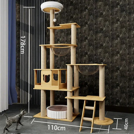Arbre à chat moderne à plusieurs niveaux avec bols suspendus