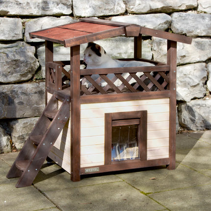 Refuge pour animaux à deux niveaux avec toit imperméable et terrasse