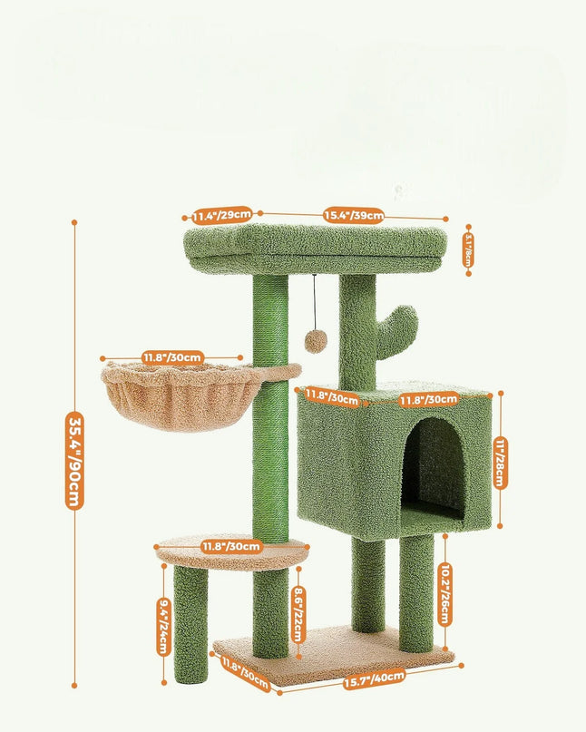 Aire de Jeu pour Chats avec Niche, Hamac et Plateformes Multiples - Vert et Beige