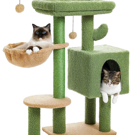 Aire de Jeu pour Chats avec Niche, Hamac et Plateformes Multiples - Vert et Beige