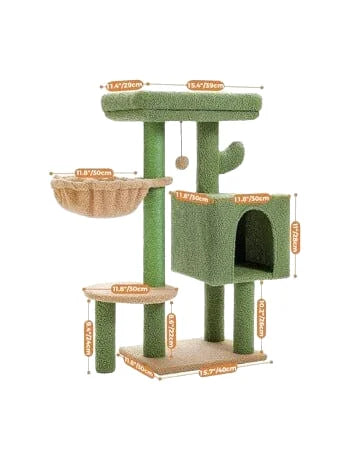 Aire de Jeu pour Chats avec Niche, Hamac et Plateformes Multiples - Vert et Beige