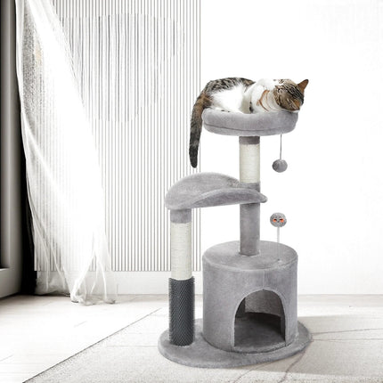 Arbre à Chat Compact avec Niche, Hamac et Jouet Suspendu