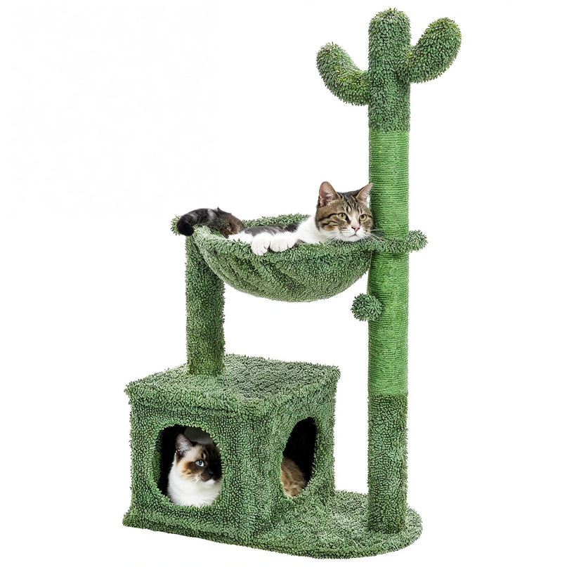 arbre-a-chat-cactus-vert-avec-panier-et-deux-chats