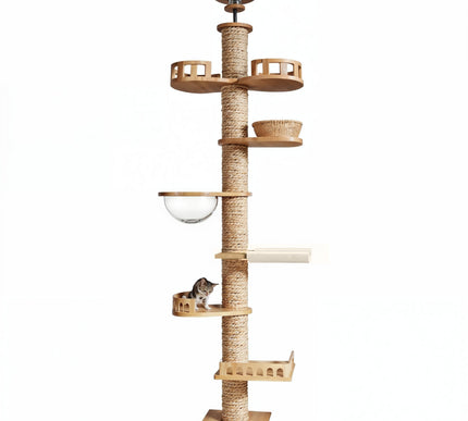 hoto de couverture d’un arbre à chat en bois XXL au design modulaire, avec capsule transparente, plateformes spacieuses, hamac doux et base renforcée. Conçu pour chats actifs recherchant confort, jeu et observation en hauteur, avec structure robuste et esthétique moderne.