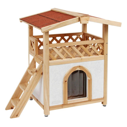 Maisonnette en Bois Élevée pour Chat avec Escalier et Toit Incliné