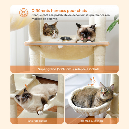 Arbre à chat haut multi-niveaux avec niches et hamacs intégrés