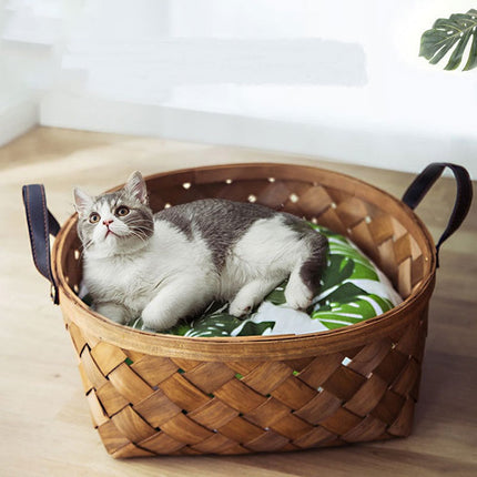 Panier rond avec coussin tropical et anses en cuir - Ambiance bohème