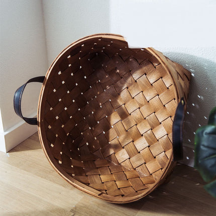 Panier rond avec coussin tropical et anses en cuir - Ambiance bohème