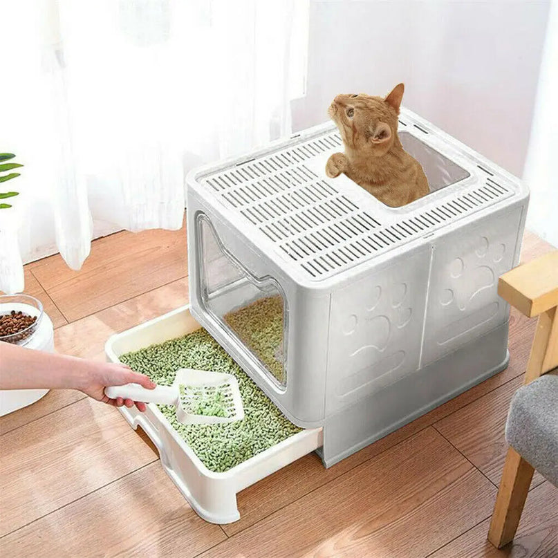 Litière rectangulaire fermée avec entrée supérieure et tiroir coulissant