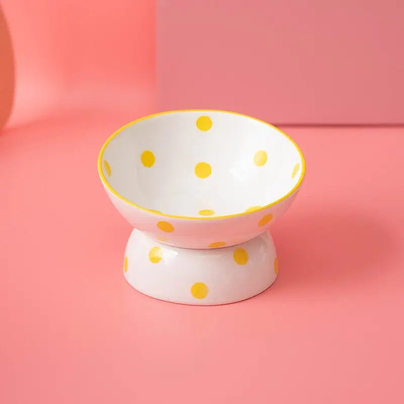 Bol surélevé à pois jaunes pour chat | Design pastel et ludique