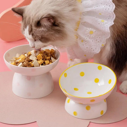 Bol surélevé à pois jaunes pour chat | Design pastel et ludique