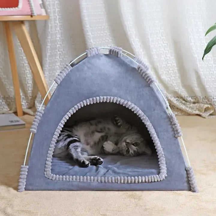 Tente Triangulaire pour Chat avec Bordures décoratives en Pompons