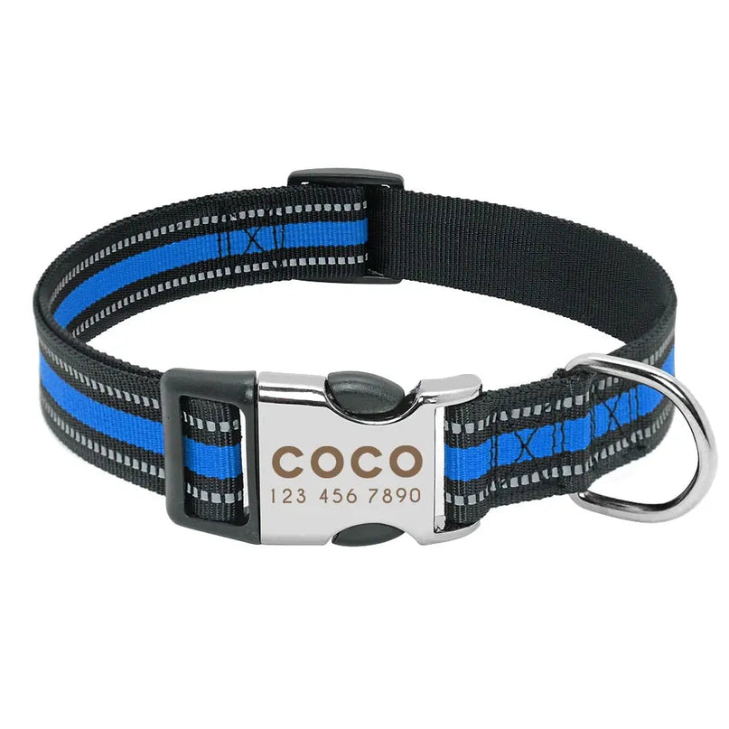 Collier personnalisé noir et bleu avec détails réfléchissants pour animaux
