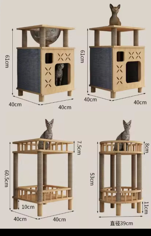 Arbre à Chat Moderne en Bois Clair avec Côtés en Tissu Gris