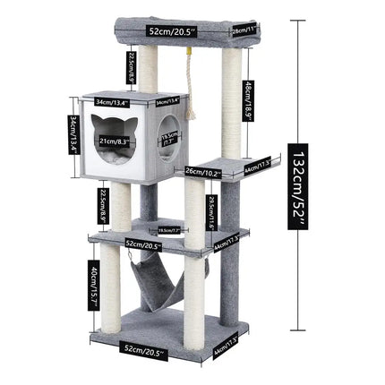 Arbre pour chat gris multi-niveaux avec hamac et zones de repos
