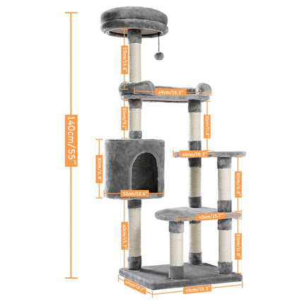 Arbre à Chat Multifonction Gris avec Plateformes et Cube de Repos