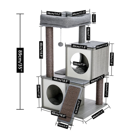 Arbre pour chat gris multi-niveaux avec hamac et zones de repos