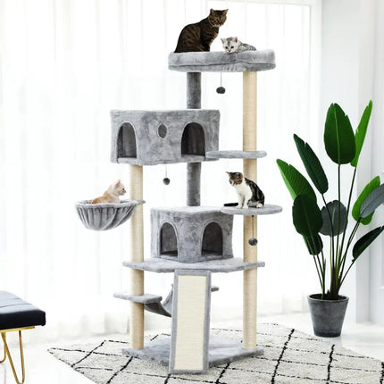 Arbre pour chat gris multi-niveaux avec hamac et zones de repos
