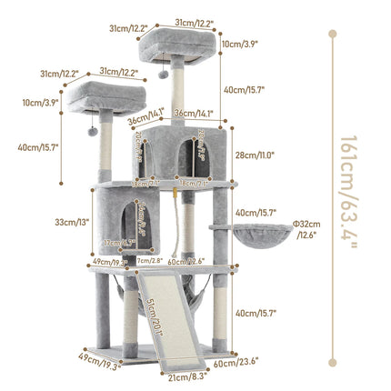 Arbre pour chat gris multi-niveaux avec hamac et zones de repos