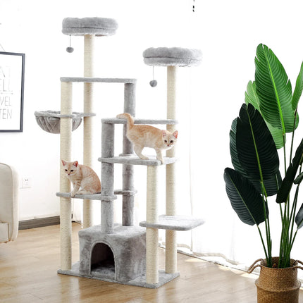 Arbre pour chat gris multi-niveaux avec hamac et zones de repos