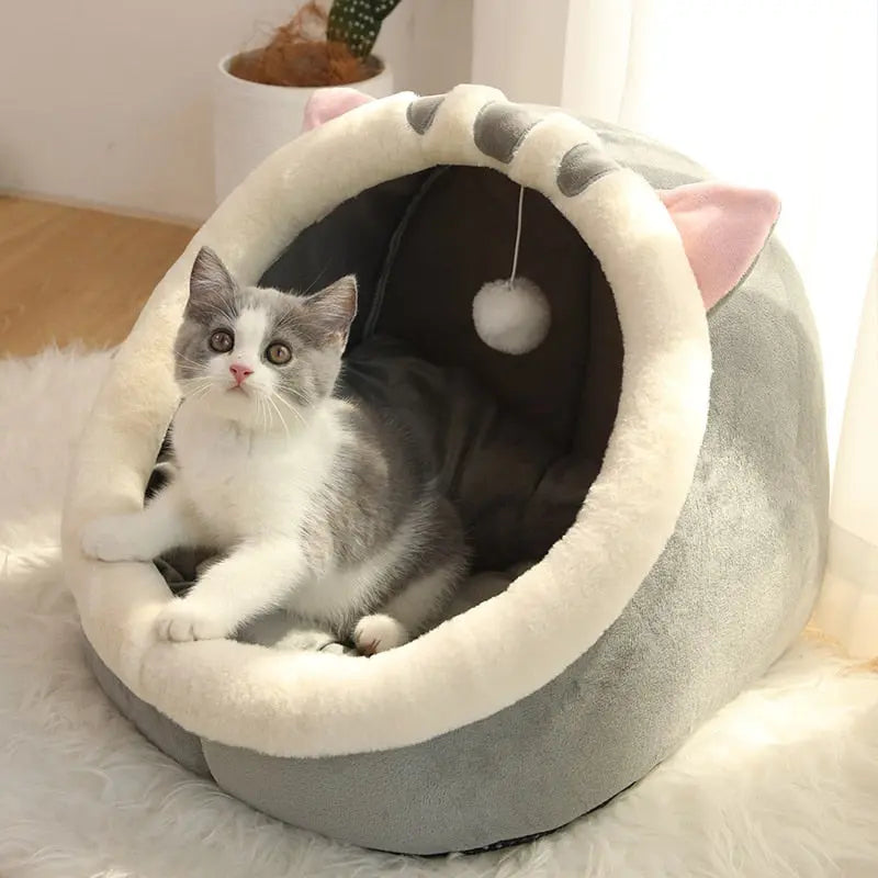 Panier Douillet en Forme de Grotte pour Chat avec Jouet Suspendu