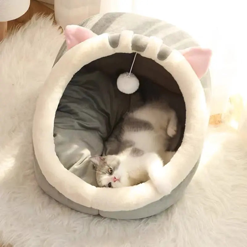 Panier Douillet en Forme de Grotte pour Chat avec Jouet Suspendu