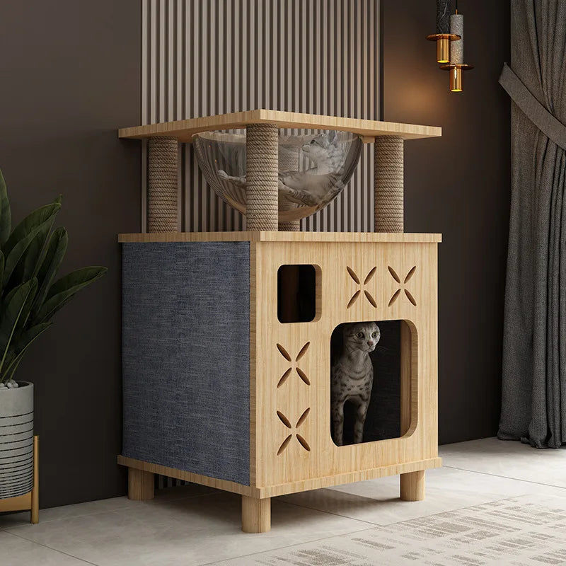 Meuble Design Multifonctionnel pour Chat avec Bol d’Observation Élevé