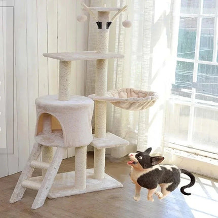Grand arbre à chat interactif avec niche, hamac et jouets suspendus