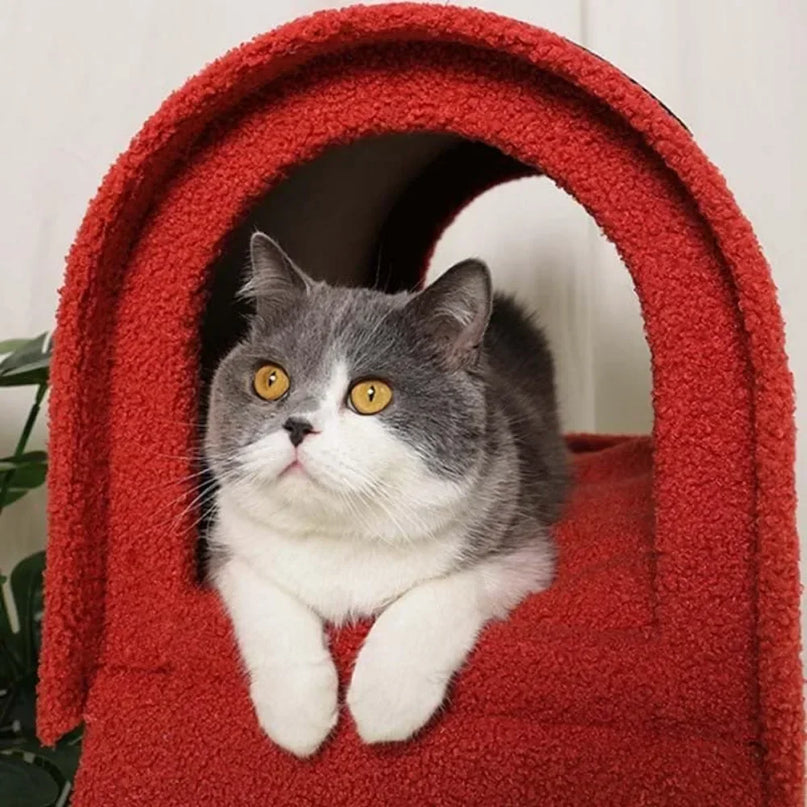 Arbre à Chat Créatif Boîte aux Lettres Rouge avec Griffoir & Jouet Suspendu